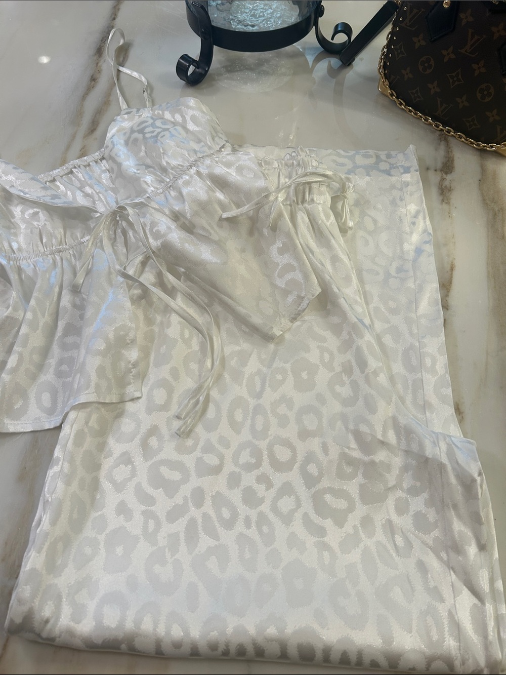 SHEIN White Satin Leopard-Print Chemise with Tie Detail
